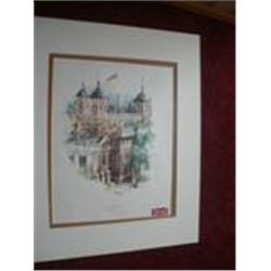 FRAMED MATTED WOOD AND GLASS POSTER OF TOWER OF LONDON BY ERIC MASON  25"X 21"