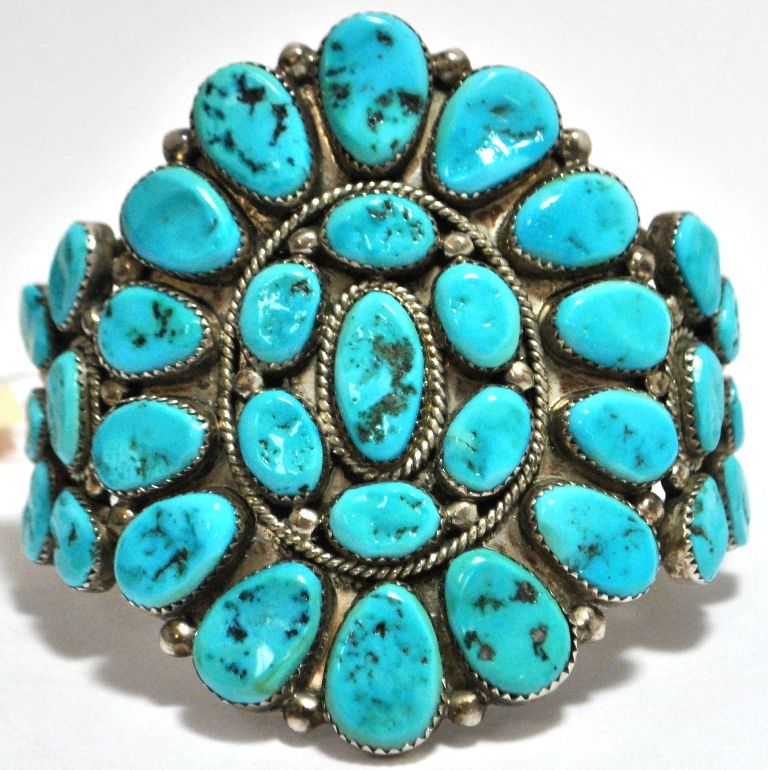 Old Pawn Turquoise Cluster Sterling Silver Cuff Bracelet - Roanhorse