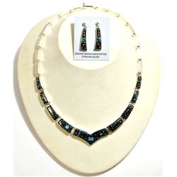 Navajo Opal & Onyx Inlay Night Sky Sterling Silver Link Necklace & Earrings Set - Calvin Begay