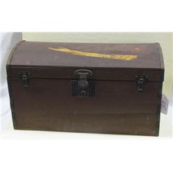 1800s Doll Dome Top Trunk in Original Red Paint and Hardware with leather handle and interior tray