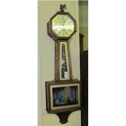 19th C New Haven Banjo Clock Keywind with Handpainted Front and Original Eagle on Crown 41" Tall