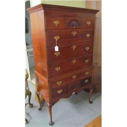 19th Century Queen Ann flat top highboy American - in two parts, shell carving on top and base - ori