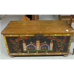 19th Century Blanket Chest with Dovetailed construction - original paint w/hand painted church and r