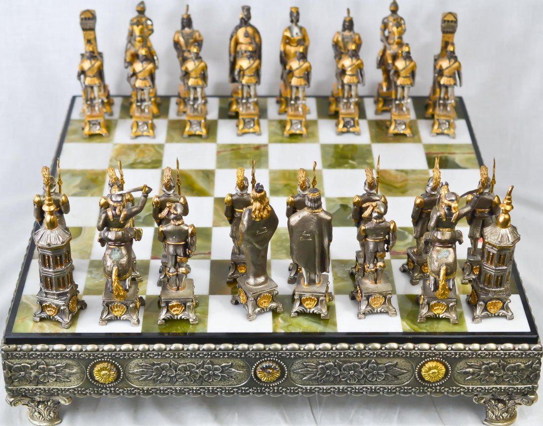 Vintage silver & gold over bronze chess set