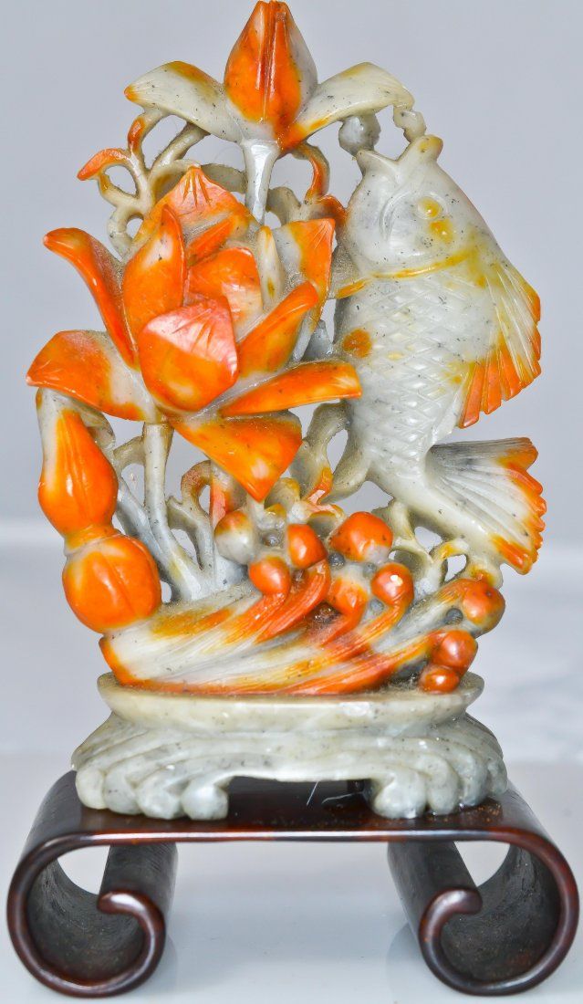 Vintage Chinese Carved Soap Stone Fish Flower vintage chinese carved soap stone fish