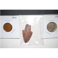 1907 Indian Head One Cent, 1924 Buffalo Nickel & Indian Arrowhead