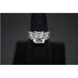 Sterling Silver Ring Size 7 W/Square CZ Solitaire & 42 Small CZs; .925 Silver