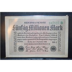 1923 German Funfzig Millionen Mark Foreign Bank Note