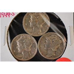 1941-S, 1944 & 1944-S Mercury Dime; Lot of 3; Silver