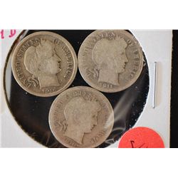 1911-D, 1914 & 1914-D Barber One Dime; Lot of 3; Silver