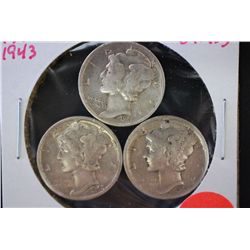 1941, 1942-D & 1943 Mercury Dime; Lot of 3; Silver