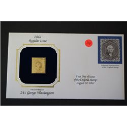 22K Gold Replica Stamp W/Enlarged Reproduction of Original Stamp; First Day Issue Original Stamp-186