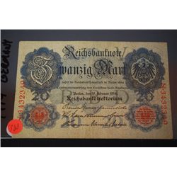 1914 German 20 Zwanzig Mark Foreign Bank Note