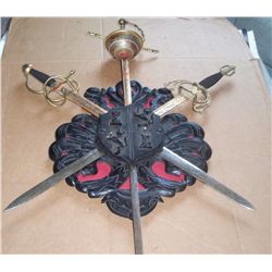 CARVED WOOD CREST W/3 METAL REMOVABLE SWORDS, 34 X28 