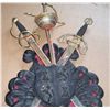 Image 2 : CARVED WOOD CREST W/3 METAL REMOVABLE SWORDS, 34"X28"