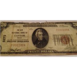 1928 SERIES RARE TAYLOR, TEXAS $20 NATIONAL BANK NOTE