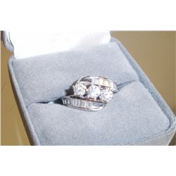 3 Stone Diamond Ring W/Baguettes, 14K White Gold