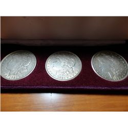 1921 PDS SET OF 3 MORGAN SILVER DOLLARS IN CASE ALL XF