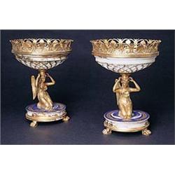 A pair of gilt metal and Paris porcelain t...