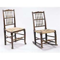 Five 19th century ash spindle back chairs;...