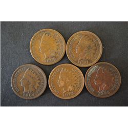 Indian Head One Cent; Various Dates & Conditions; Lot of 5