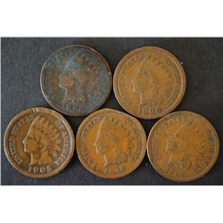 Indian Head One Cent; Various Dates & Conditions; Lot of 5