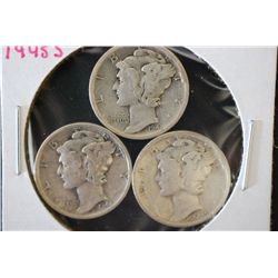 1943-S, 1944-S & 1945-S Mercury Dime; Lot of 3; Silver