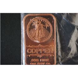 2012 Copper Ingot; .999 Fine Copper 1 Oz.