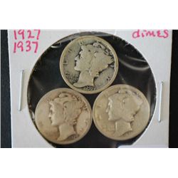 1923, 1927 & 1937 Mercury Dime; Lot of 3; Silver