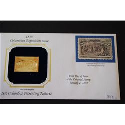 22K Gold Replica Stamp W/Enlarged Reproduction of Original Stamp; First Day Issue 1893; 10 Cent Colu