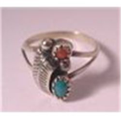 REDUCED!  NAVAJO  STERLING SILVER  RED CORAL & GREEN TURQUOISE STONE RING  sz 5 VTG 50'S