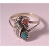 Image 1 : REDUCED!  NAVAJO  STERLING SILVER  RED CORAL & GREEN TURQUOISE STONE RING  sz 5 VTG 50'S