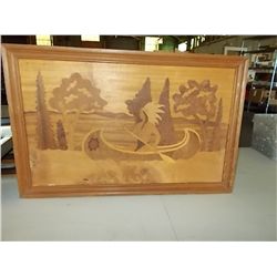 Handmade inlaid wood picture, An Indian in a canoe