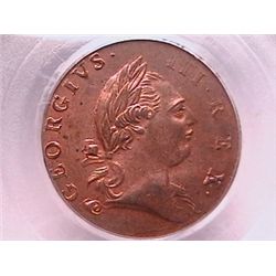 1773 Colonial Virginia 'Half Penny' MS63 RB PCGS, FULL RED LUSTRE