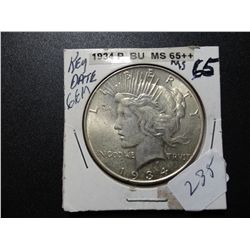 1934 SILVER PEACE DOLLAR, MS-65