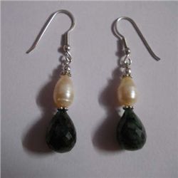 35.0 ctw Emerald and Pearl Earrings .925 Sterling