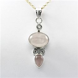 Rose Quartz Oval Pear Silver Pendant White Topaz