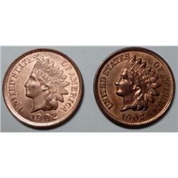 2 Ch BU Indian Cents 1902, 63 Red, 1907 ,64 RB, no problems great space fillers