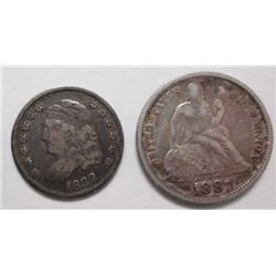 2 early type coins, 1832 Bust Half Dime VF, 1887 Seated Dime XF, both prob free