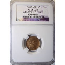 1909-S-VDB LINCOLN ONE CENT NGC AU, CLEANED THE KEY TO THE LINCOLN CENT SERIES