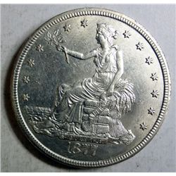 1877-CC TRADE DOLLAR, RARE! A CHOICE/GEM BU WHITE COIN, VERY LIGHT CLEANING