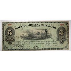 1873 $5 South Carolina Railroad Co. FARE ticket good for fare  for