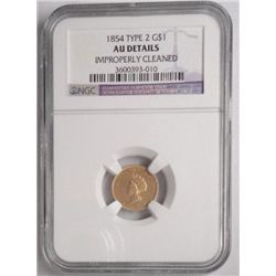 1854  $1 T2  gold NGC AU clnd