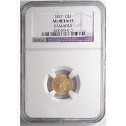 1857  $1 T3  gold NGC AU dmgd
