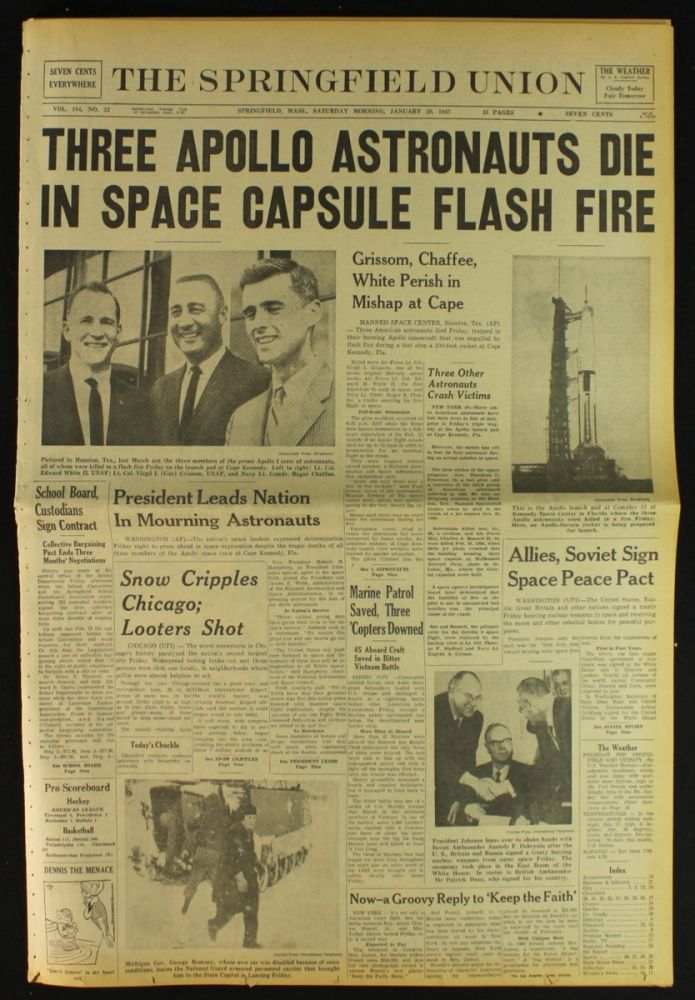 Vintage 1967 Newspaper with Headline "Three Apollo Astronauts Die in ...
