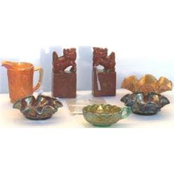 Five carnival glass items including pair of dishes & water jug (5) (see