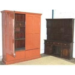 C19th painted pine cupboard with moulded cornice & 2 quadruple panelled doors