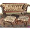 Image 1 : Early Victorian mahogany & upholstered sofa with carved foliate scroll arms