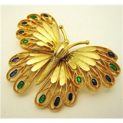 VINTAGE GOLD TONE BUTTERFLY PIN BROOCH WITH FOIL GLASS