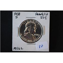 1958-D Ben Franklin Half Dollar; MS62; EST. $10-20
